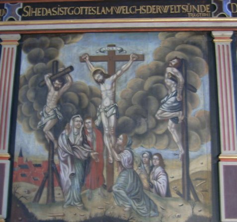 Altar-Bildtafel 5, Kreuzigung Jesu, obere Reihe Mitte
